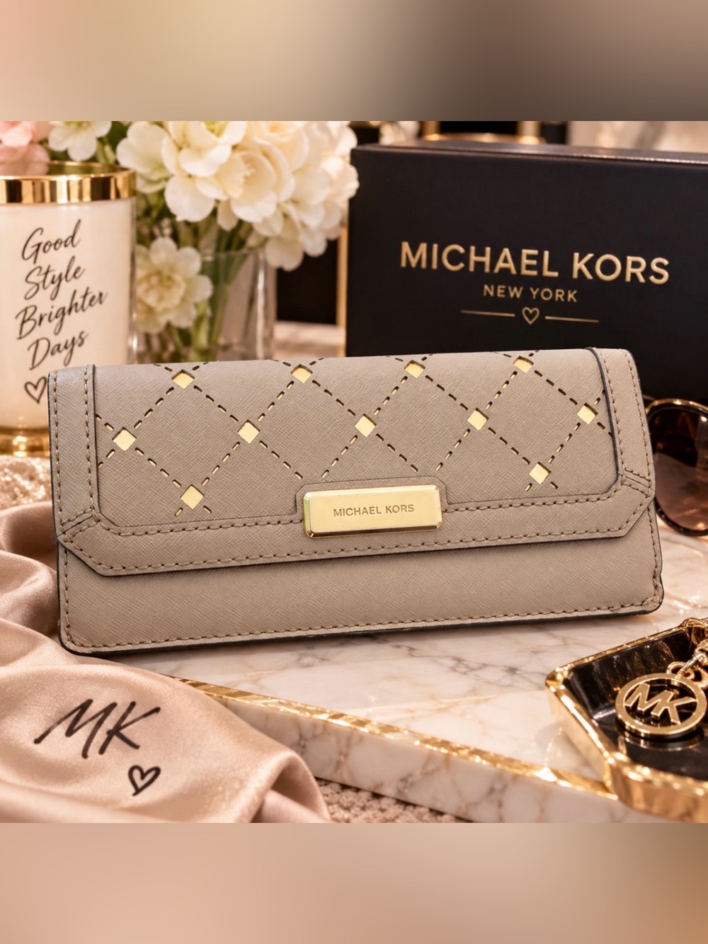 Michael Kors Beige Wallet with Gold Stud Accents